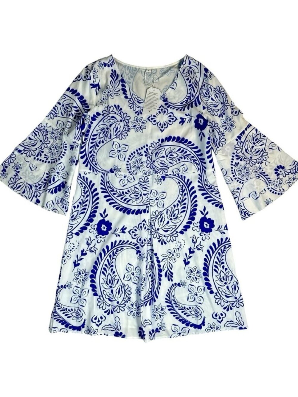 A-Line Bell Sleeves Dress Blue & White Size Small Lightweight Summer Dress - Picture 2 of 7